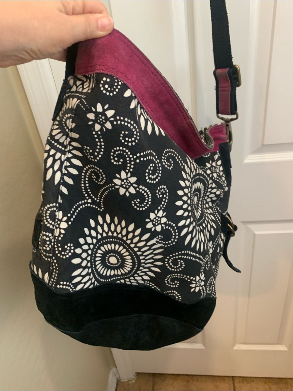 Black & White Floral Shoulder Bag with Plum Accent